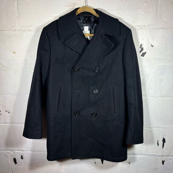 Vintage 90s DSCP Quarterdeck Naval Black Military Wool Heavy Peacoat Jacket 44L - Picture 1 of 13